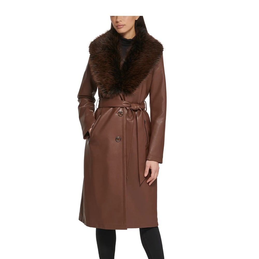 Leather Trench Coat with Detachable Fur